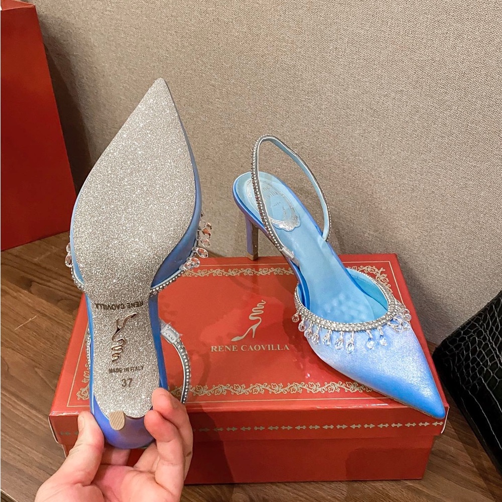 Light Blue Satin Pointed Slingback Heels with Crystal Teardrop Trim - Picture 8 of 8